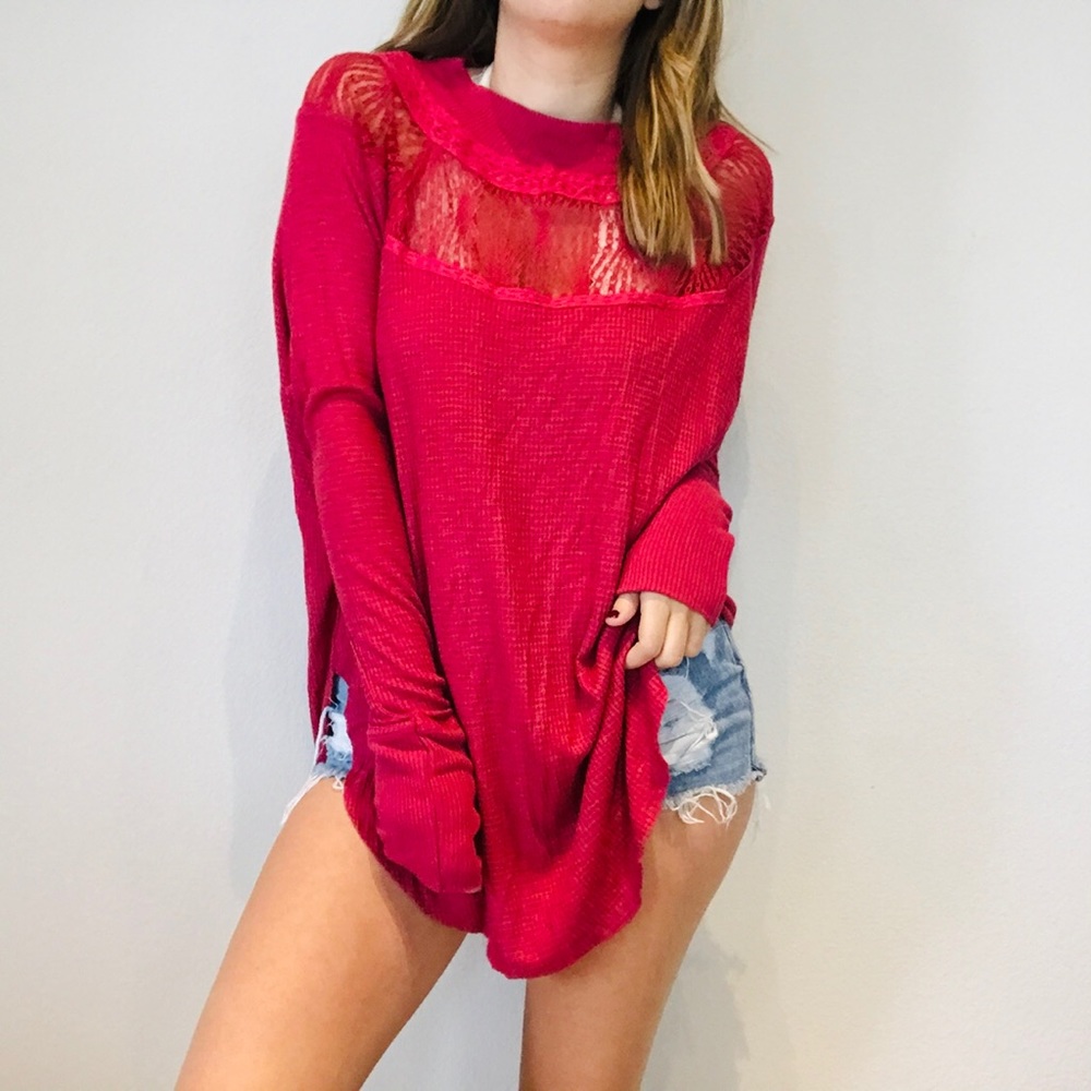 Free People pink lace inset oversized thermal - Picture 4 of 9